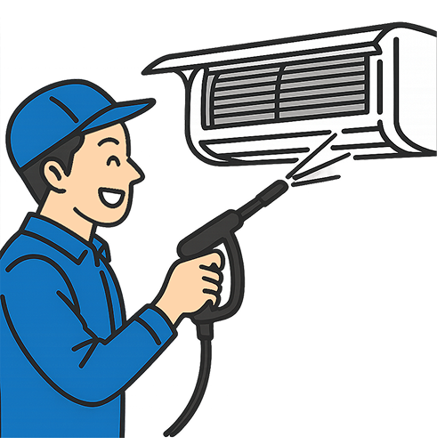 エアコン清掃に集中する作業員